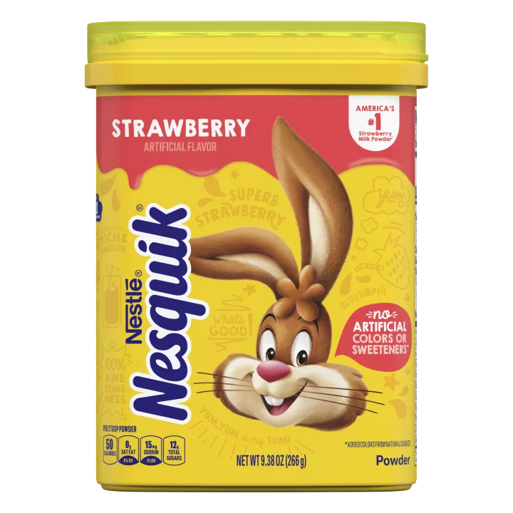 A yellow container with the Nesquik bunny and a red label on the top.
