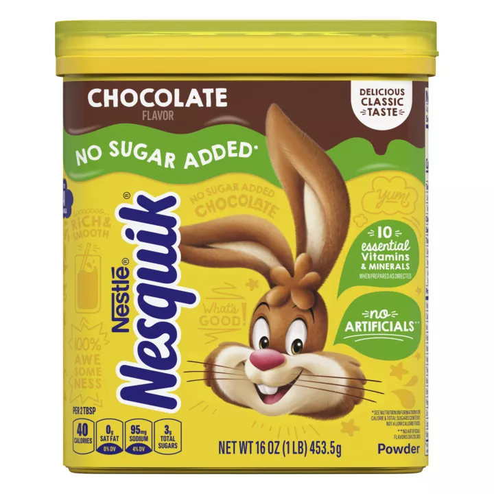 A yellow container with the Nesquik bunny, a green “NO ADDED SUGAR” label, and a glass of chocolate milk.