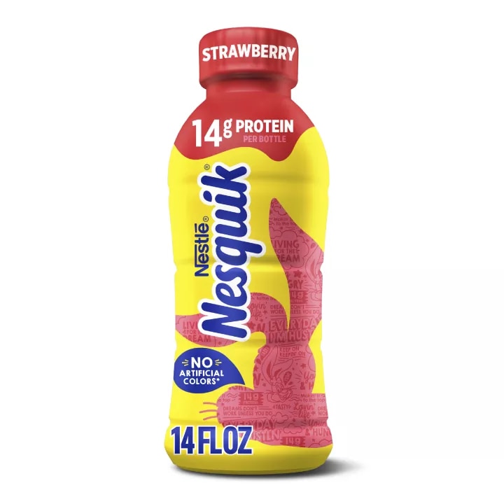 A yellow bottle with a red cap and a red silhouette of the Nesquik bunny’s head.