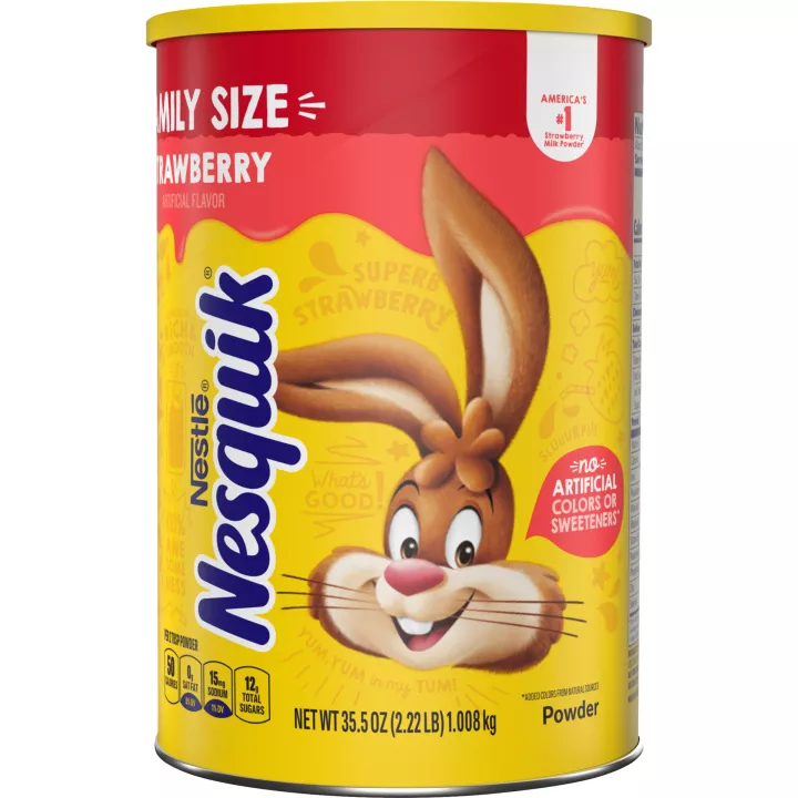 Un envase amarillo con el conejo de Nesquik y una etiqueta roja en la parte superior.