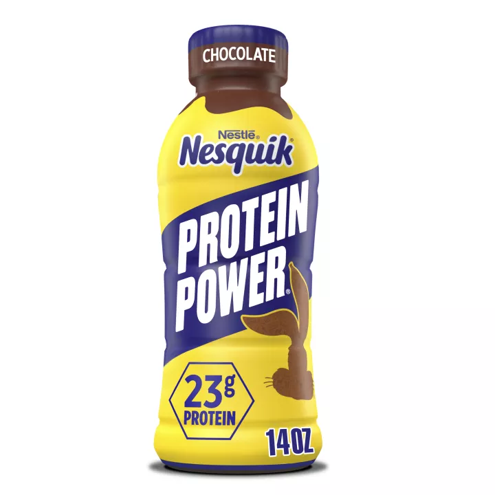 A yellow bottle with a blue “PROTEIN POWER” label and a brown silhouette of the Nesquik bunny’s head.