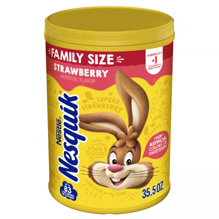 A yellow container with the Nesquik bunny and a red label on the top.