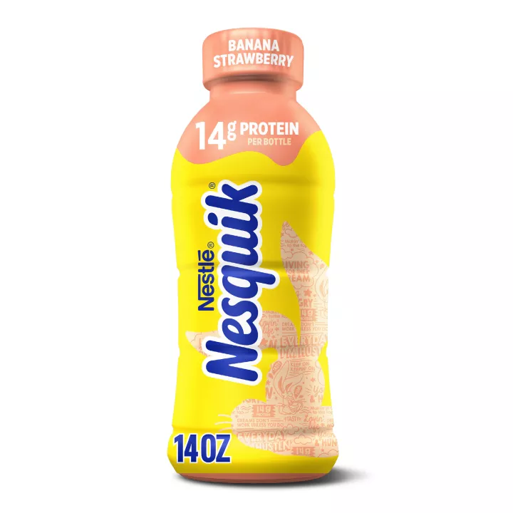 Una botella amarilla con tapa rosada y una silueta rosada de la cabeza del conejo de Nesquik.