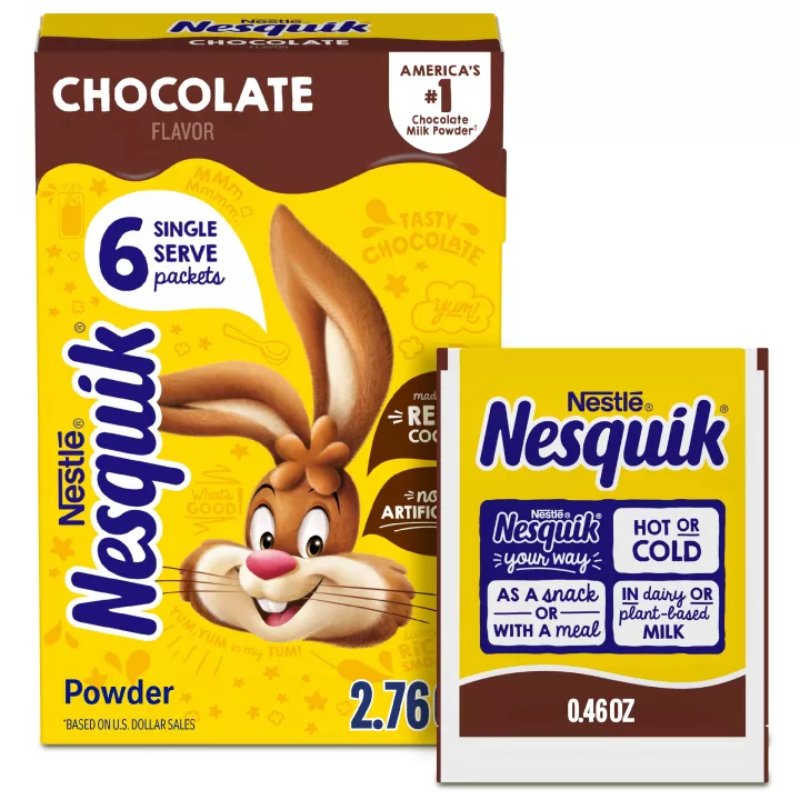 Front Center view of NESQUIK Chocolate Flavor Powder 6ct Carton 6 - 0.46 OZ (13g) ENVELOPESNET 2.76 OZ (78g) product.