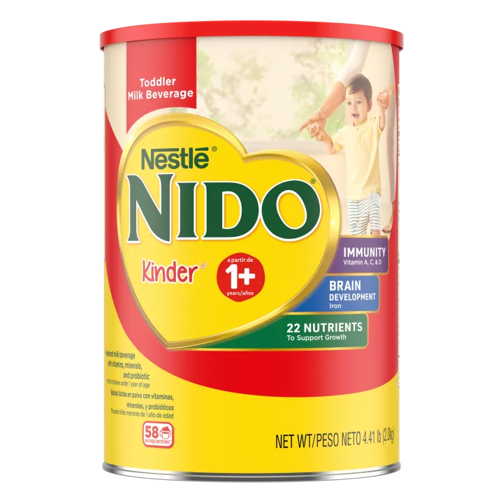 Front Center view of NIDO Kinder 1+ Powdered Milk Beverage 4.85 lb Canister NET WT 4.41 LB (2.0 kg) product.