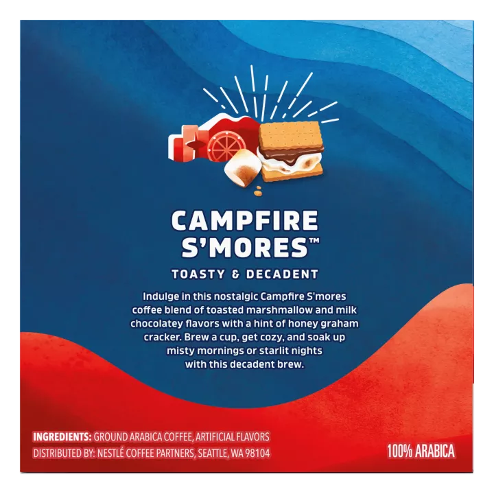 Front Right view of SEATTLE'S BEST COFFEE Campfire Smores Flavored Ground Coffee K-Cup Pods 10 Count 3.8oz Box product.