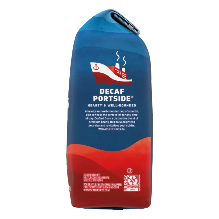 Front Right view of SEATTLE'S BEST COFFEE Decaf Portside Blend Ground Coffee 12oz Bag NET WT 12 OZ (340 g) product.