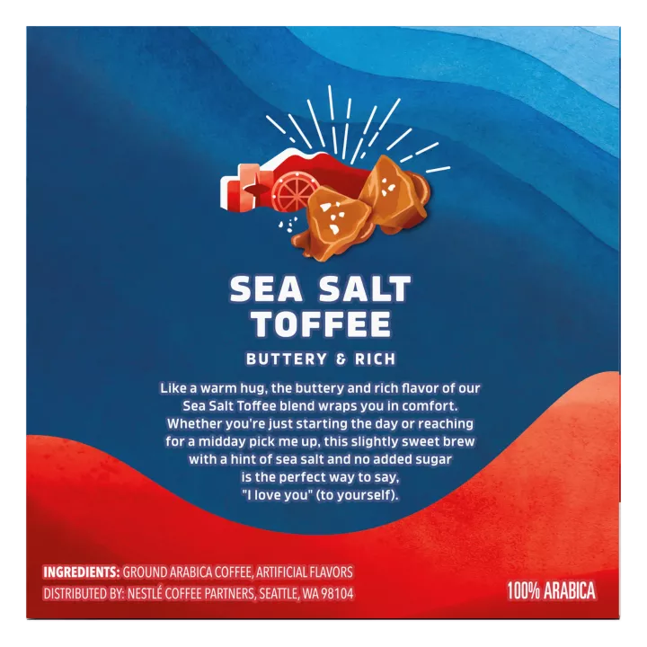 Front Right view of SEATTLE'S BEST COFFEE Sea Salt Toffee Flavored Ground Coffee KCup Pods 10 Count 3.8oz Box product.