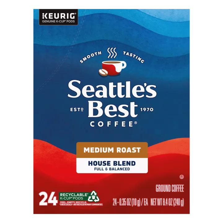 Front Center view of SEATTLE'S BEST COFFEE House Blend Ground Coffee K-Cup Pods 24 Count 8.4oz Box product.
