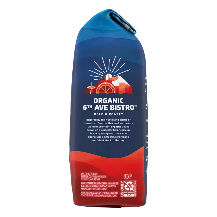 Front Right view of SEATTLE'S BEST COFFEE 6th Ave Bistro Organic Ground Coffee 10oz Bag product.