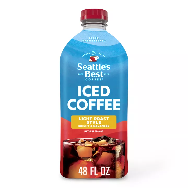 Front Center view of Seattle’s Best Coffee Black Unsweetened Light Roast Style Iced Coffee 48oz 48 FL OZ (1.5 QT) 1.42 L product.