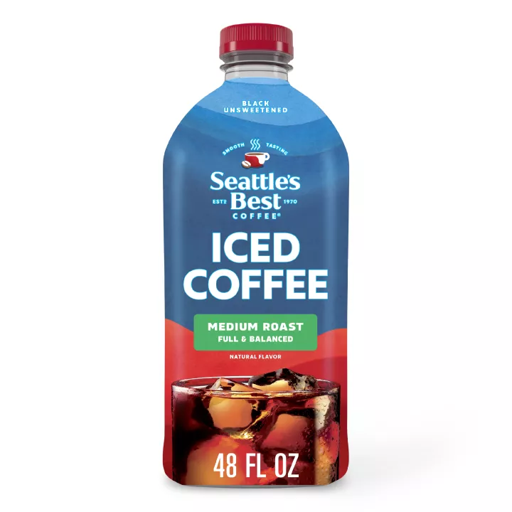 Front Center view of Seattle’s Best Coffee Black Unsweetened Medium Roast Iced Coffee 48oz 48 FL OZ (1.5 QT) 1.42 L product.