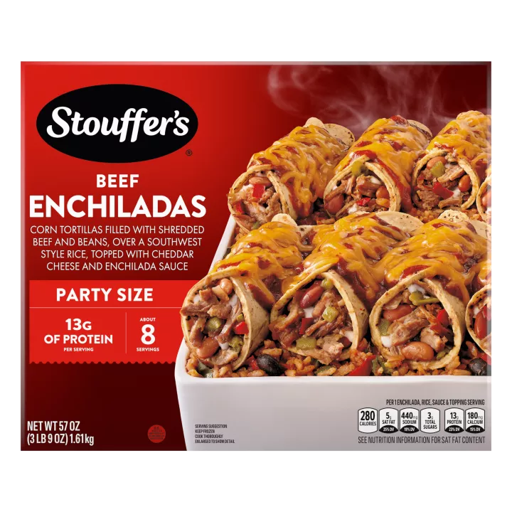 Front Center view of STOUFFER'S Frozen Meal Beef Enchilada Party Size Tray 57oz NET WT 57 oz (3 lb 9 oz) 1.61 kg product.