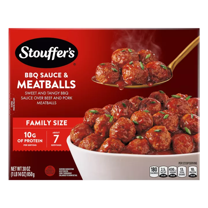 Caja de BBQ Sauce & Meatballs con los letreros Tamaño familiar, 10 gramos de proteína por porción y Lista en 20 minutos.