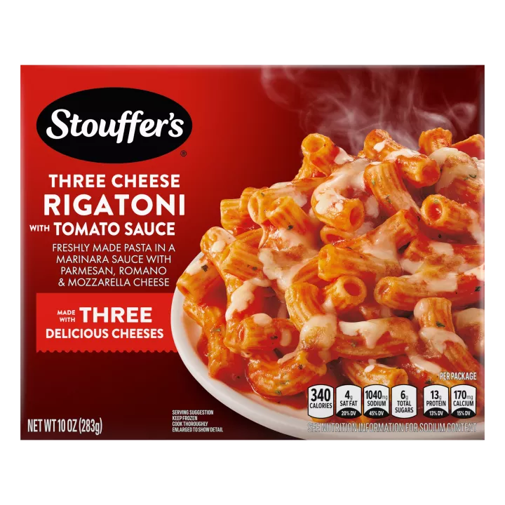 Front Center view of STOUFFER'S Frozen Meals Three Cheese Rigatoni with Tomato Sauce 10oz Box NET WT 10 OZ (283 g) product.