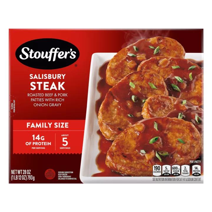 Box of Salisbury Steak with a dish and plate of steak and gravy below the product name and STOUFFER'S logo.