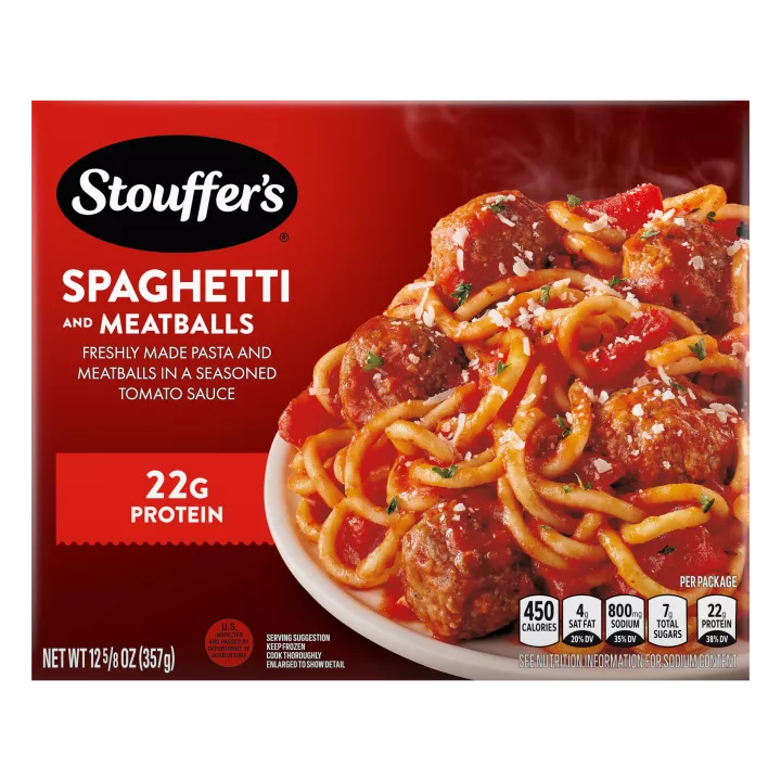Box of Spaghetti with Meatballs featuring a plate of spaghetti below the product name and STOUFFER'S logo.