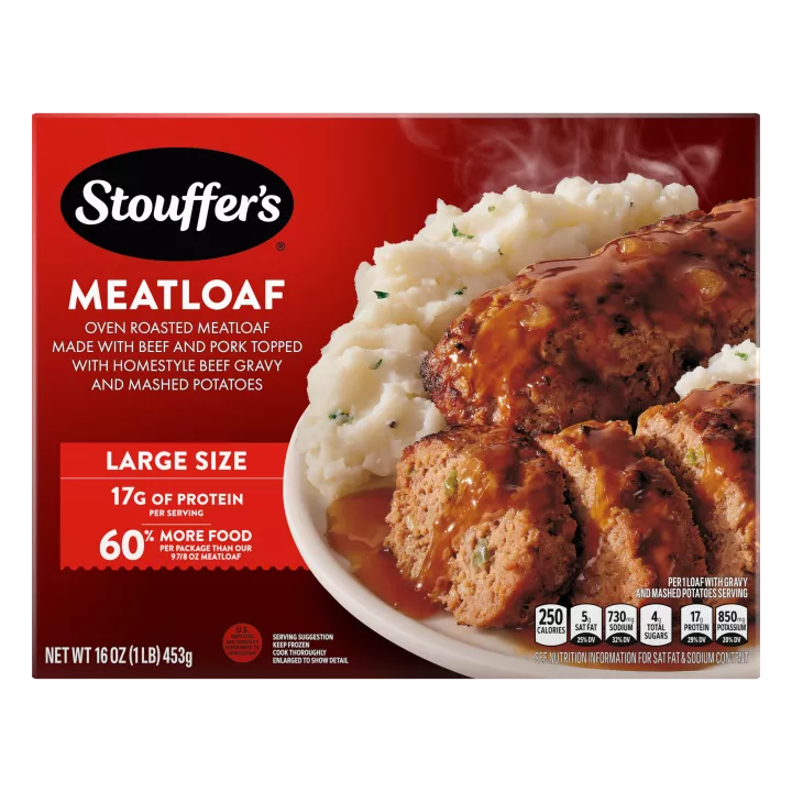 Caja de Meatloaf con un plato de puré de papas, salsa gravy y pan de carne debajo del nombre del producto y de una etiqueta que dice "17 g de proteína".