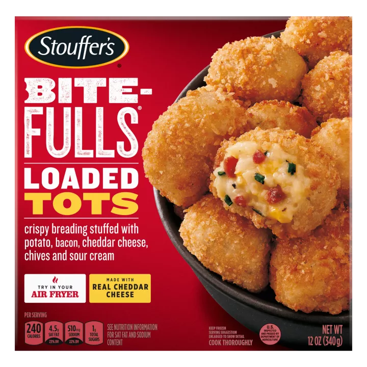 Box of Loaded Tots Bitefulls on red background with New, Try it in Your Air Fryer and Made with Real Cheddar Cheese badges.
