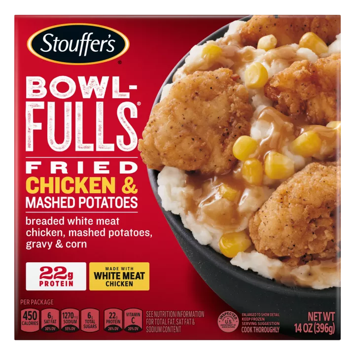 Caja de Fried Chicken & Mashed Potatoes Bowl-FULLS con un tazón de papas y pollo junto al nombre y el logotipo del producto.
