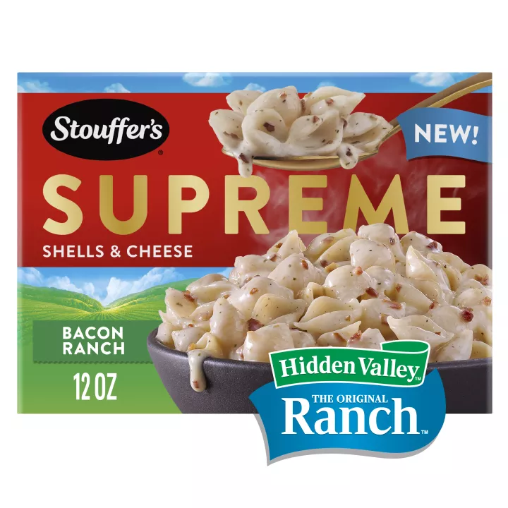 Vista frontal centrada de caja de Macarrones con queso Bacon Ranch larga vida de STOUFFER'S con peso neto de 12oz (340g).