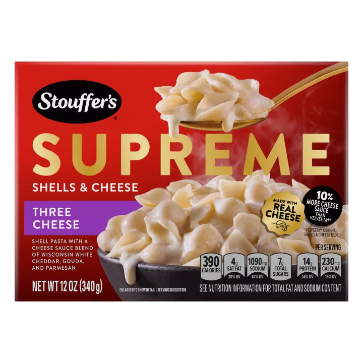 Vista frontal centrada del producto THREE CHEESE SHELLS & CHEESE PESO NETO 12 oz (340 g) de STOUFFER'S.