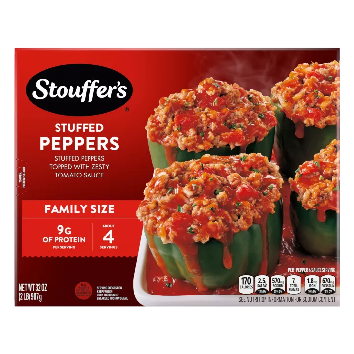 Box of Stuffed Pepper featuring a plate and dish with green peppers and beef below the product name and STOUFFER'S logo.