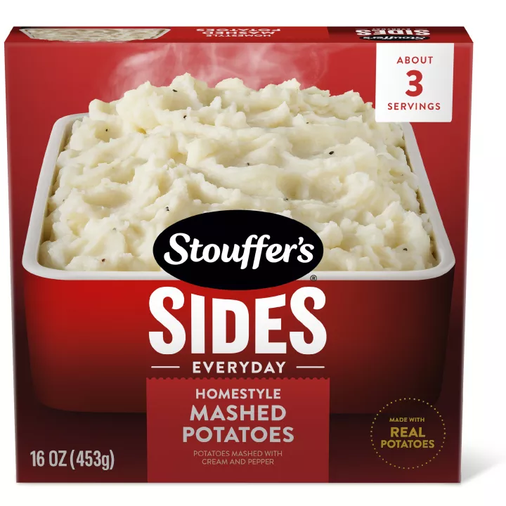 Box of Homestyle Mashed Potatoes with Stouffer’s Sides, new!, and made with real potatoes badges.