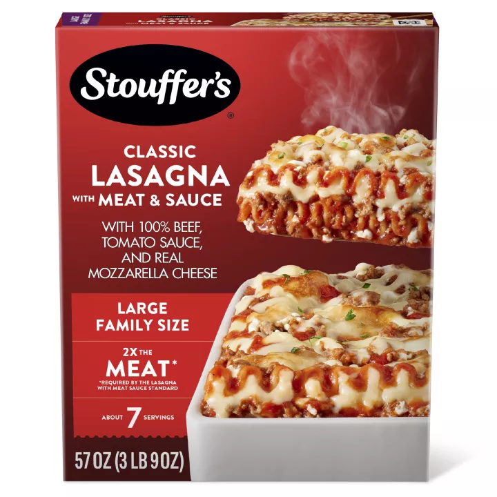 Box of Lasagna with Meat & Sauce featuring a plate and dish of lasagna near the product name and "2x the Meat" label.