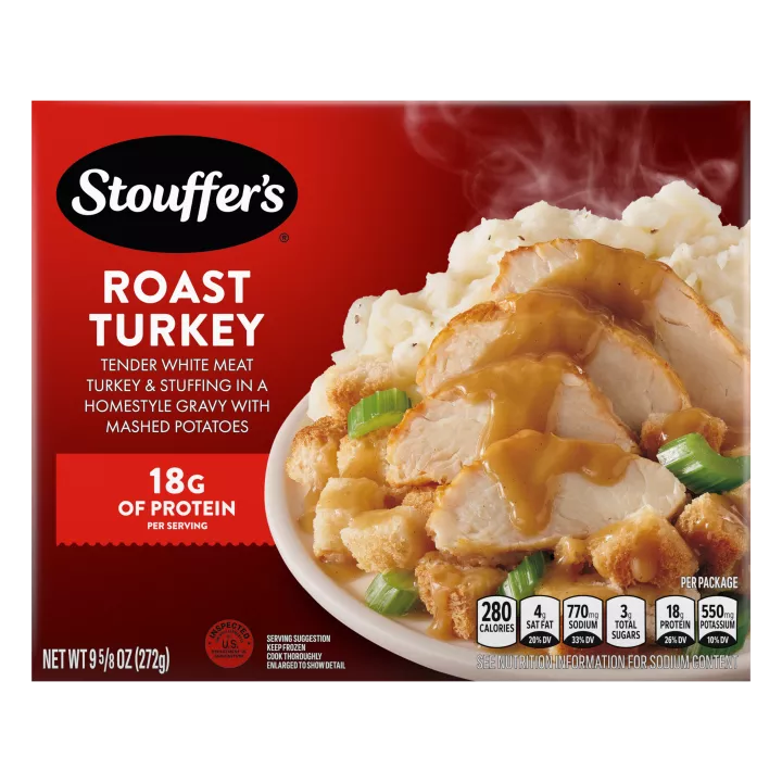 Caja de Roast Turkey con un plato de pavo, relleno y puré de papas debajo del nombre del producto y del logo de STOUFFER'S.