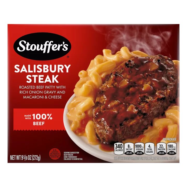 Caja de Salisbury Steak con un plato de carne de res y macarrones debajo del nombre del producto y una etiqueta que dice "100% PURA CARNE DE RES".