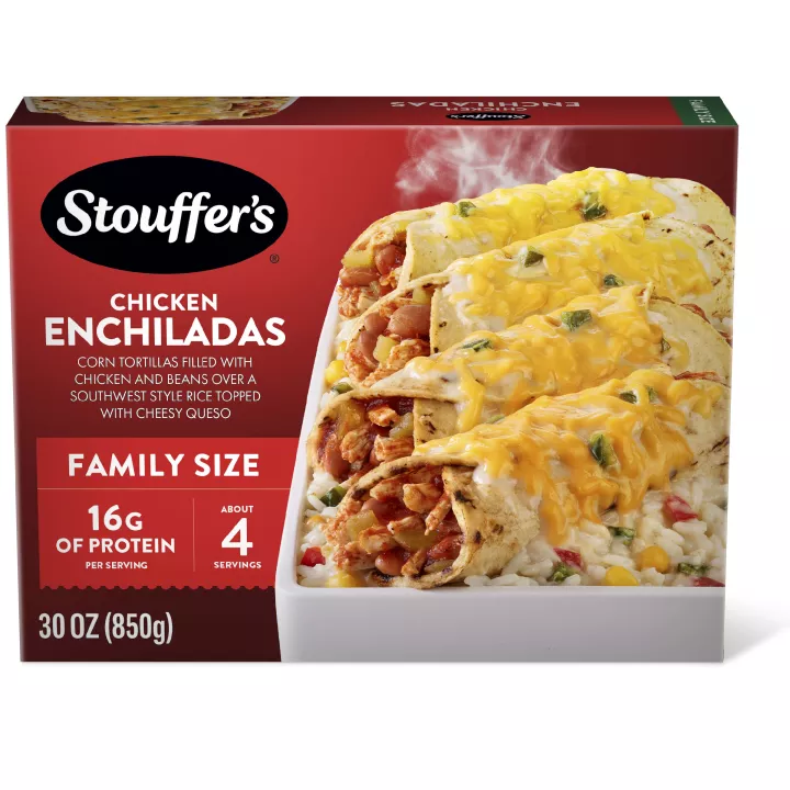 Box of Chicken Enchiladas with a plate & dish full of enchiladas and rice below the product name and "2x the Chicken" label.