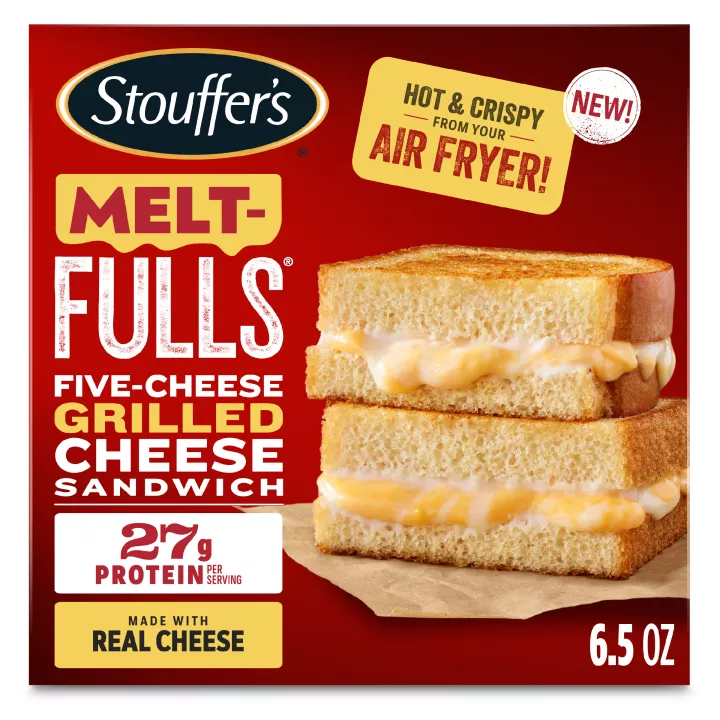 Front Center view of STOUFFER'S MELT-FULLS FIVE CHEESE GRILLED CHEESE 6.5oz Box NET WT 6.5 OZ (185 g) product.