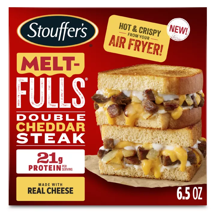 Box of Double Cheddar Steak Melt-FULLS with hot & crispy from your air fryer and made with real cheese badges