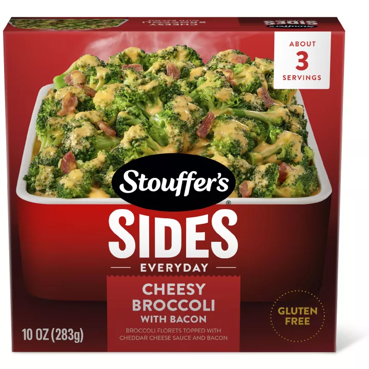Box of Cheesy Broccoli with Bacon with Stouffer’s Sides, made with 100% real cheddar cheese, and gluten free badges.