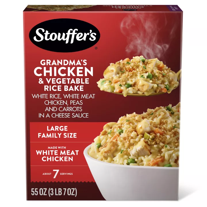 Front Center view of STOUFFER'S Large Family Size Grandma Chicken and Vegetable Rice Bake Frozen Entrée 55oz Box NET WT 55 OZ (3 LB 7 OZ) 1.55 kg product.