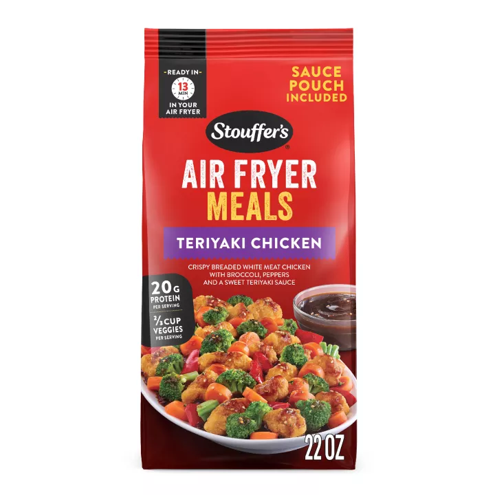Vista frontal centrada de plato fuerte congelado de 22oz (1 lb 6 oz) 623 g para freidora de aire sabor Teriyaki Chicken de STOUFFER'S.