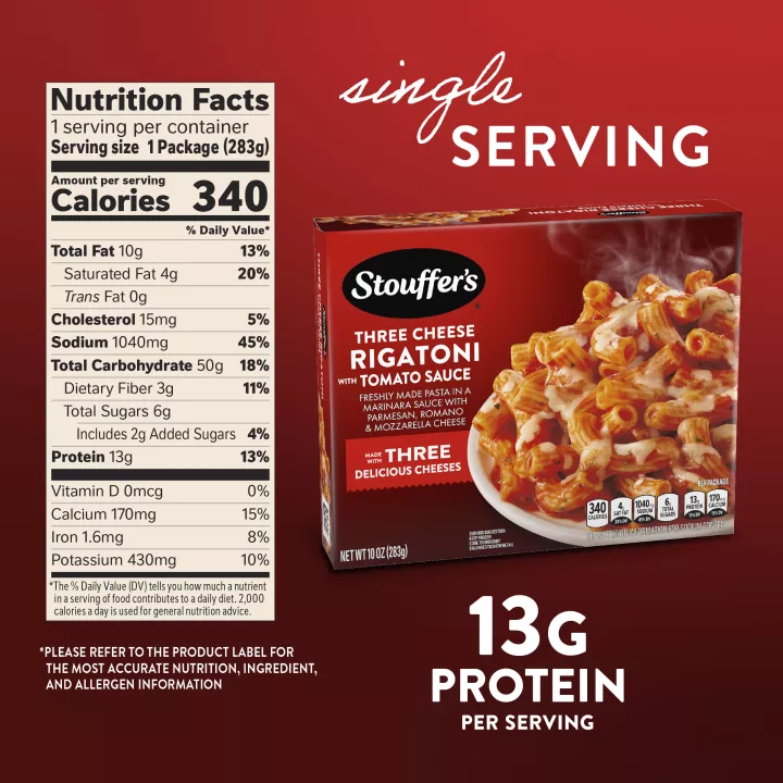 STOUFFER'S Frozen Meals Three Cheese Rigatoni with Tomato Sauce 10oz Box