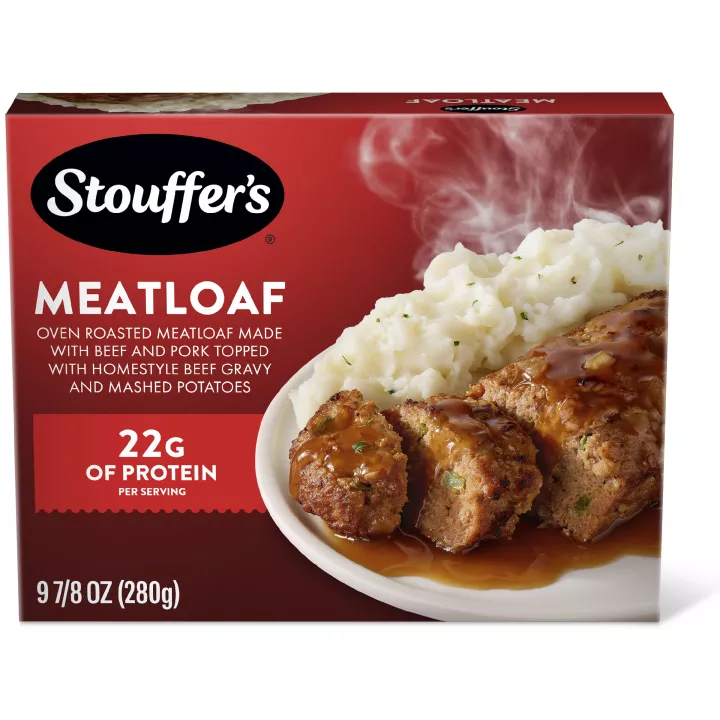 Caja de Classic Meatloaf con un plato de puré de papas, salsa espesa y pan de carne debajo del nombre del producto y el logo de STOUFFER'S.