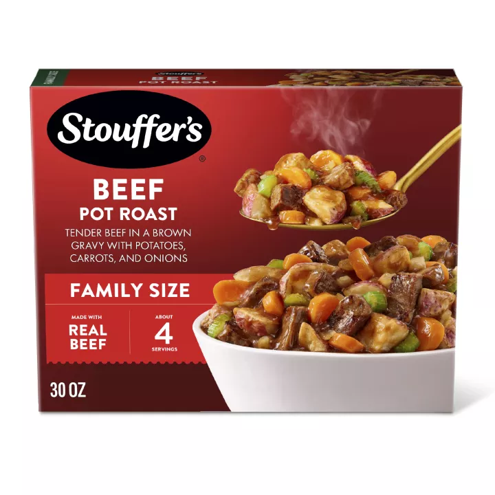 Box of Beef Pot Roast with image of meal on plate with made with real beef, ready in under 20 minutes, & family size badges.