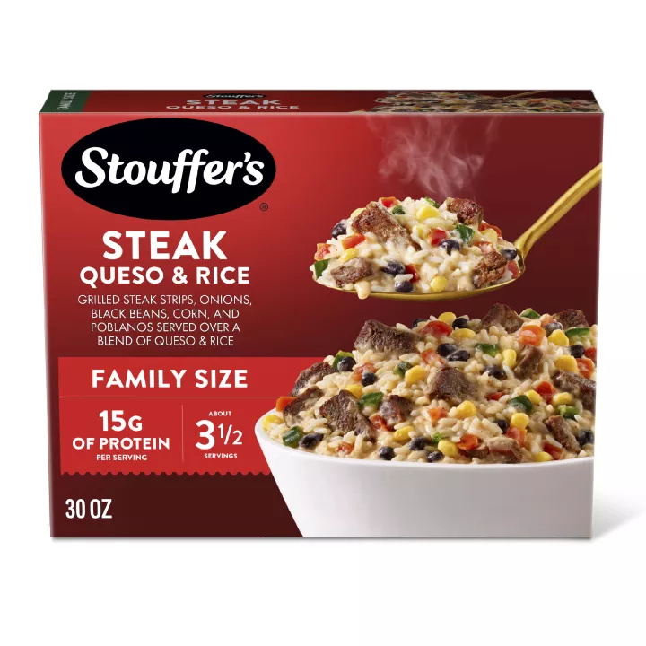 Front Center view of STOUFFER'S Steak Queso and Rice NET WT 30 OZ (1 LB 14 OZ) 850 g product.