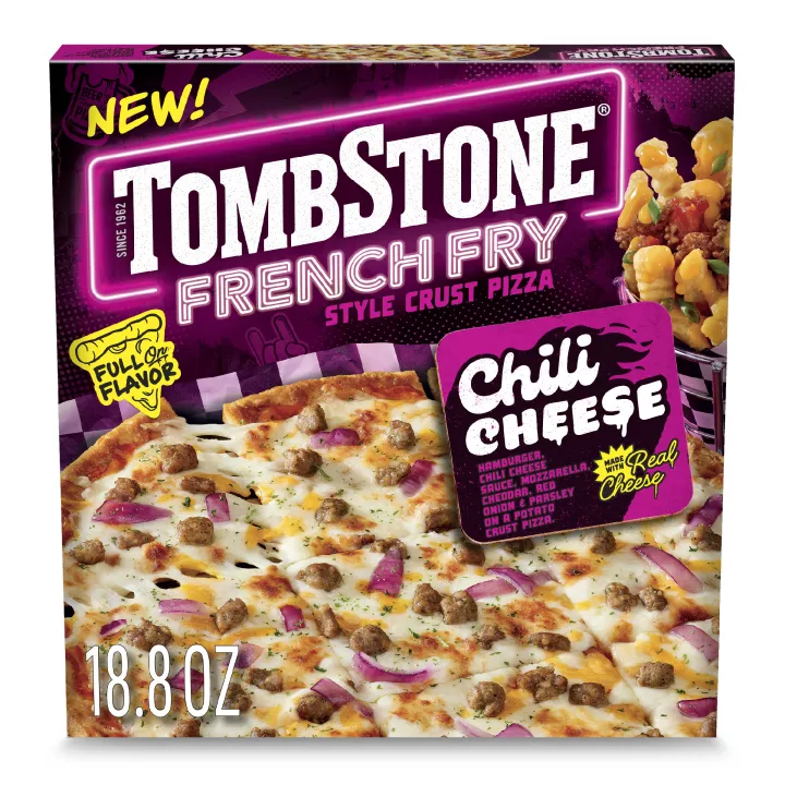 Vista frontal centrada de caja de pizza congelada Tombstone French Fry Style Crust Chili Cheese con peso neto de 18.8 oz 533 g.