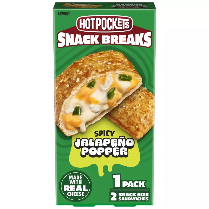 Front Center view of NESTLE HOT POCKETS Frozen Snackers Jalapeno 1 Pack 4oz Carton NET WT 4 oz (113 g) product.