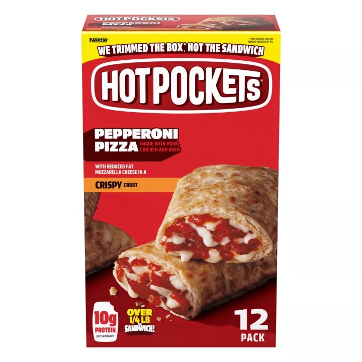 Front Center view of Hot Pockets Pepperoni Crispy Crust Frozen Sandwiches 54 oz 12 Pack Box NET WT 54 oz (3 lb 6 oz) 1.53 kg product.