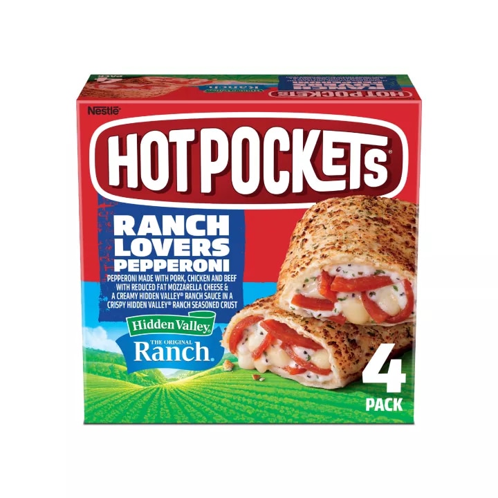 Vista frontal centrada de caja con peso neto de 17oz (1 lb 1 oz) 481 g de 4 Hot Pockets Hidden Valley Ranch Lovers Pepperoni.