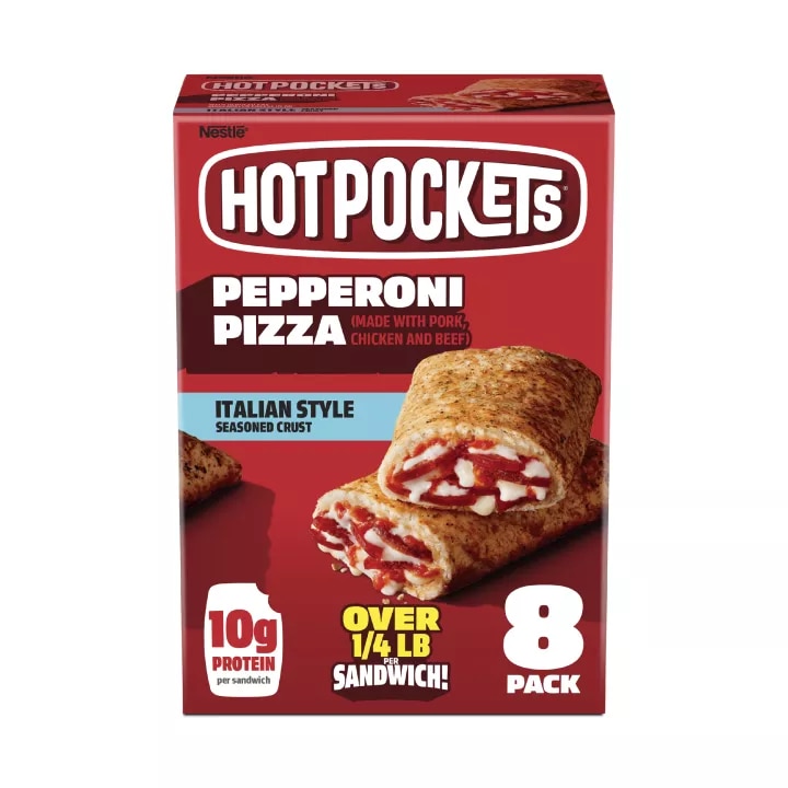 Caja de Pepperoni Pizza Hot Pockets® con el nombre y la imagen del producto y carteles de nuevo tamaño y paquete de 8.