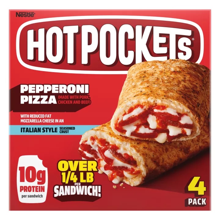 Vista frontal centrada caja de sándwich congelado Pepperoni Pizza NESTLE HOT POCKETS 18oz., PESO NETO 18oz (1 lb 2oz) 510g.