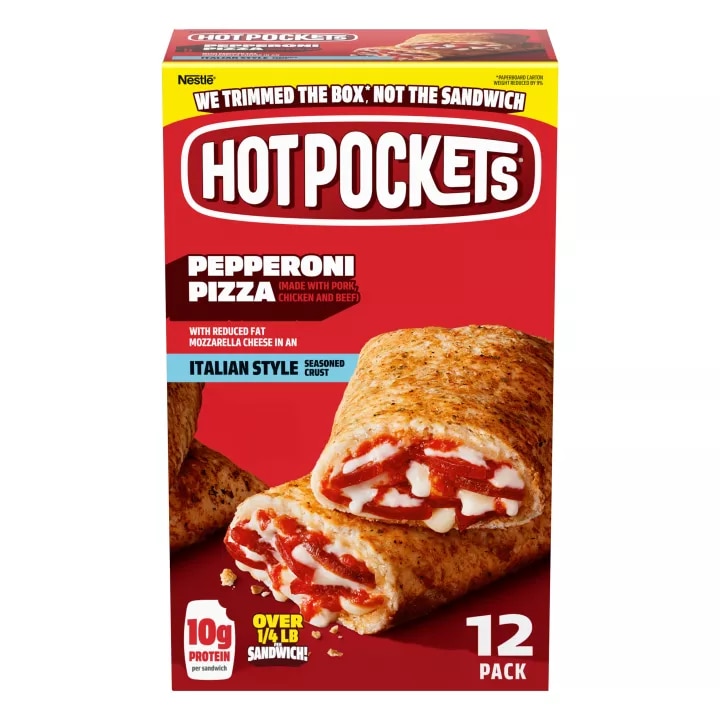 Front Center view of HOT POCKET Peperoni Pizza MP 12x4.5oz NET WT 54 oz (3 lb 6 oz) 1.53 kg product.
