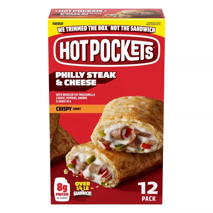 Vista frontal de paquete de 12 Hot Pockets Philly Steak & Cheese con PESO NETO 54 oz (3 lb 6 oz) 1.53 kg.