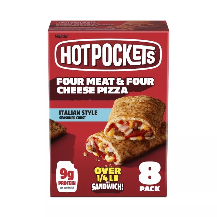 Vista frontal de Caja de 8 paquetes sándwiches congelados Hot Pockets 4 Meat & 4 Pizza. PESO NETO 34 oz (2lb 2oz) 963g.